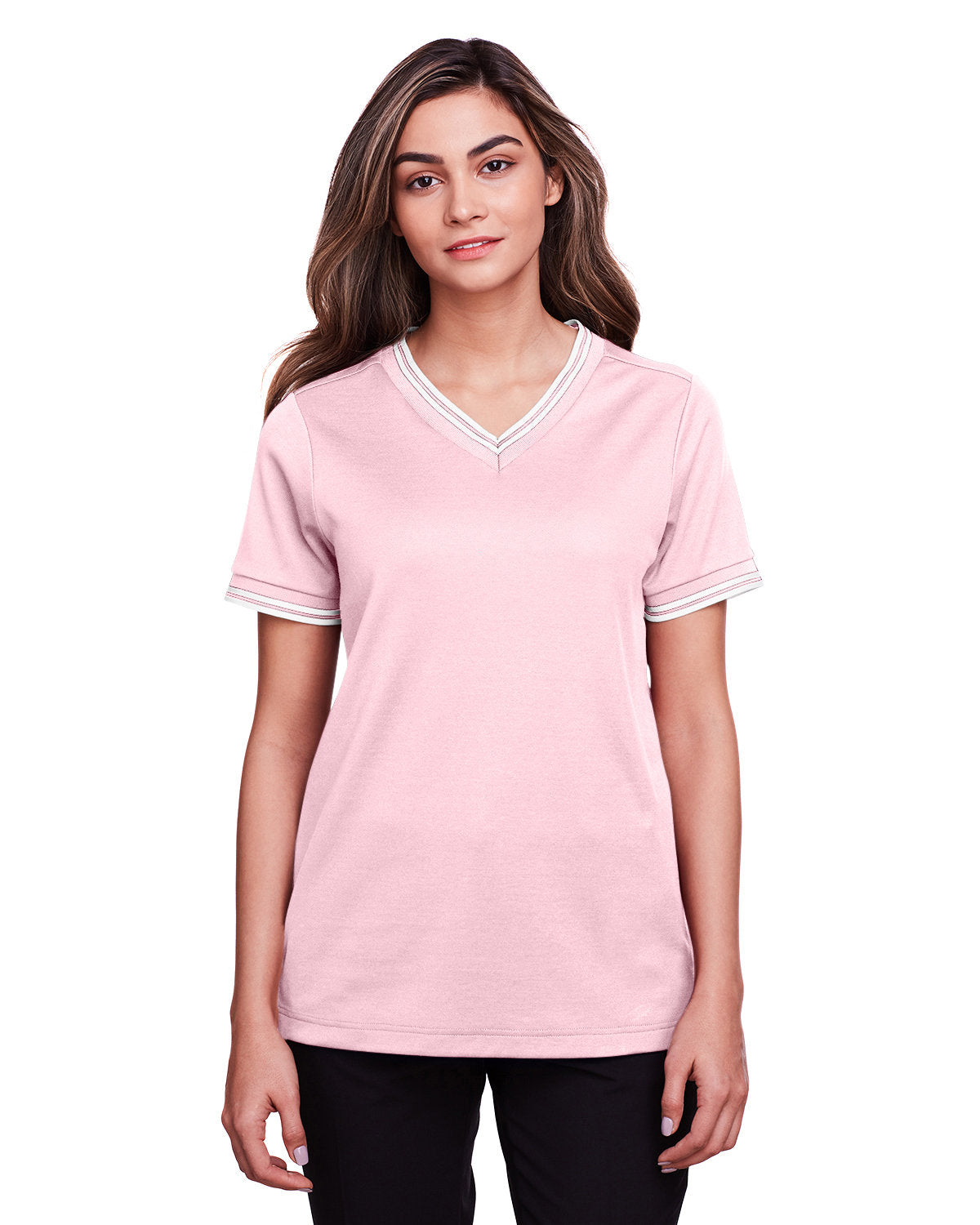 Elevate Your Look with the Devon & Jones Ladies' CrownLux Performanceâ„¢ Plaited Tipped V-Neck Polo