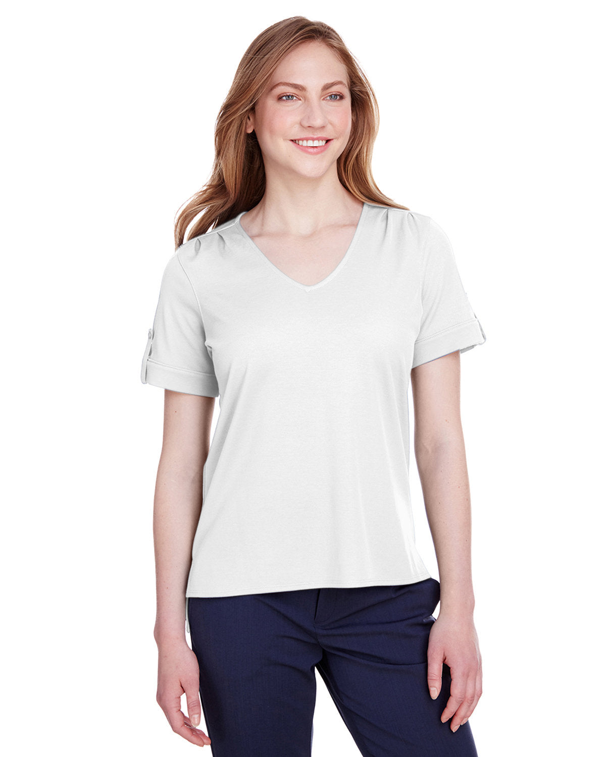 Elevate Your Look with the Devon & Jones Ladies' CrownLux Performanceâ„¢ Plaited Rolled-Sleeve Top