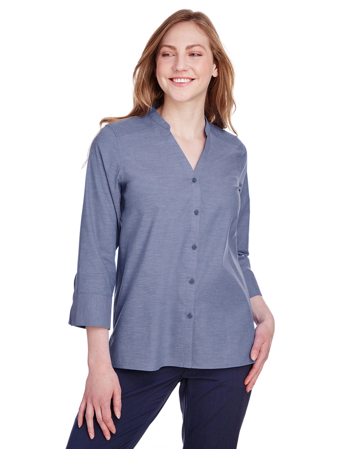 Effortless Chic: Devon & Jones Ladies' Crown Collection® Stretch Pinpoint Chambray 3/4 Sleeve Blouse
