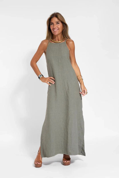 Fashionable Cotton Linen Slit Sleeveless Loose Dress