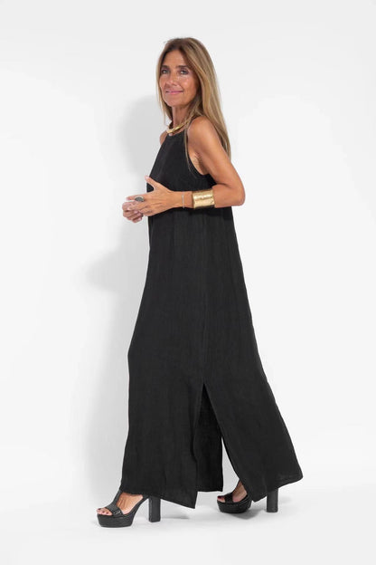 Fashionable Cotton Linen Slit Sleeveless Loose Dress