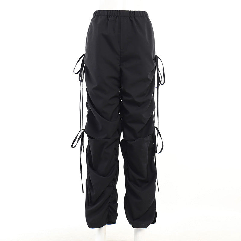 Casual Loose Fitting Wide Leg Trousers Women Street Drawstring Ripped Women Clothing Overalls