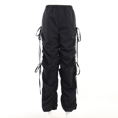 Casual Loose Fitting Wide Leg Trousers Women Street Drawstring Ripped Women Clothing Overalls