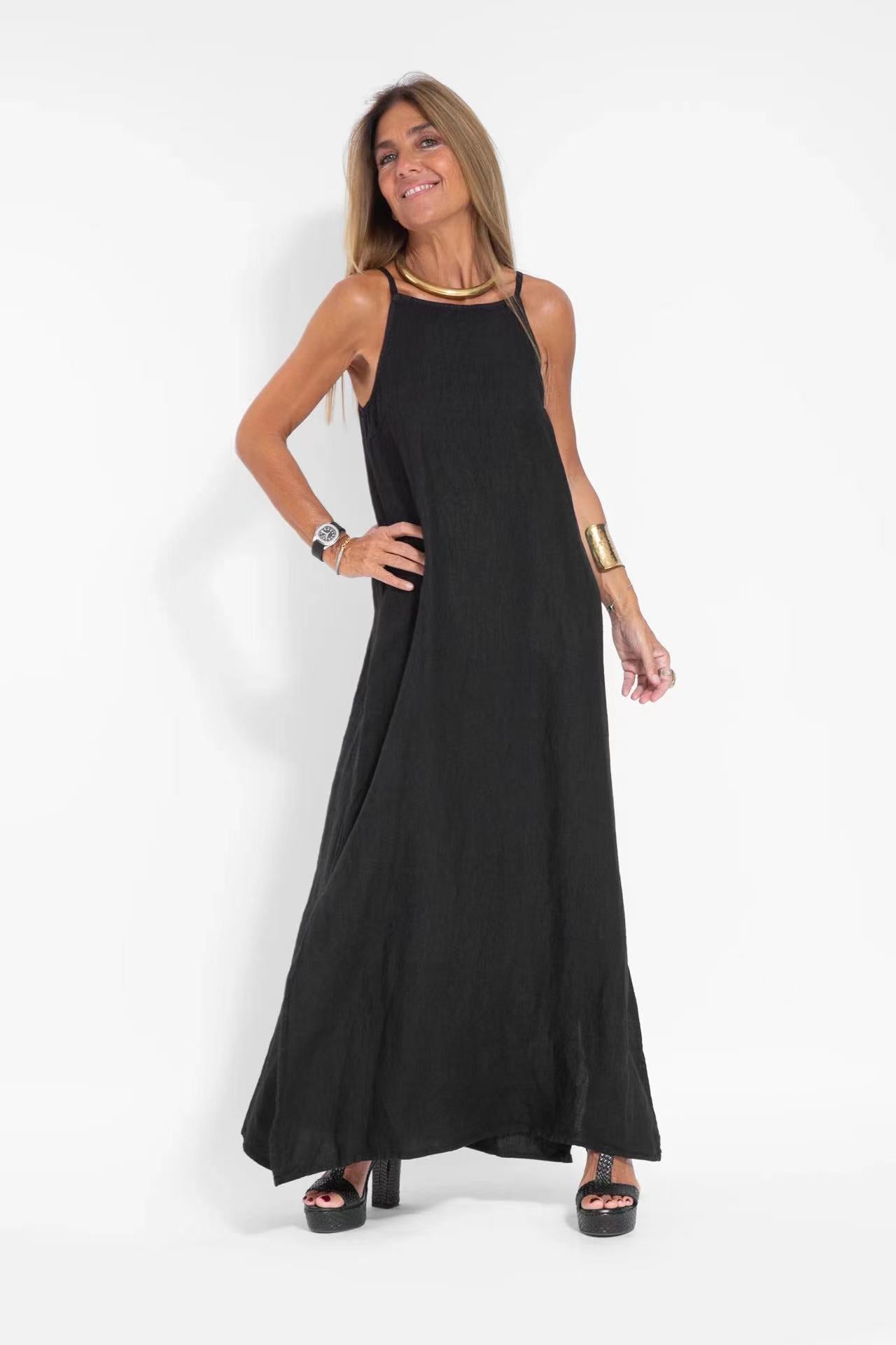 Fashionable Cotton Linen Slit Sleeveless Loose Dress