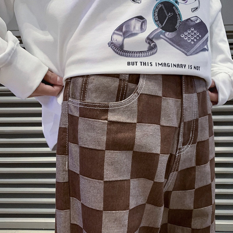 Brown Check Print Baggy Jeans