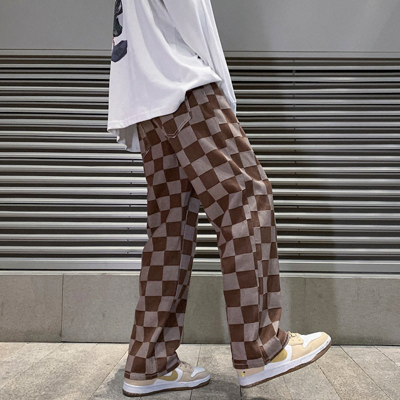 Brown Check Print Baggy Jeans