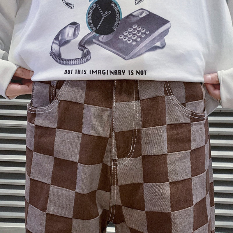 Brown Check Print Baggy Jeans