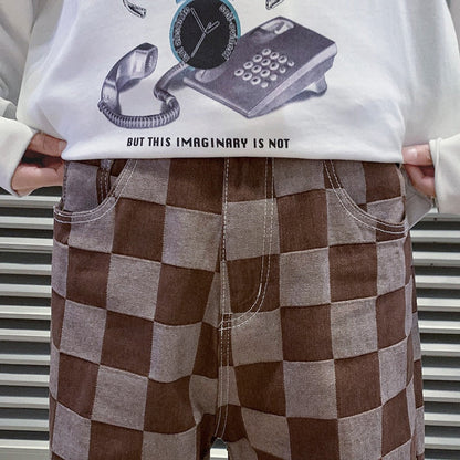 Brown Check Print Baggy Jeans
