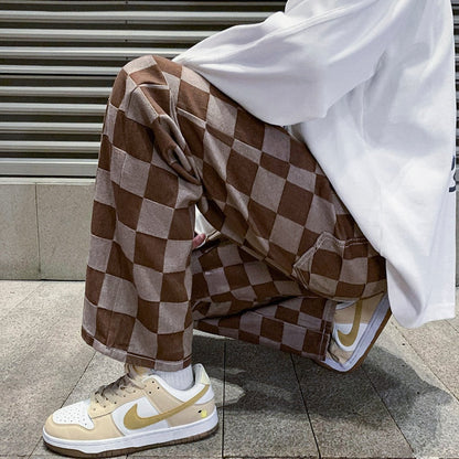 Brown Check Print Baggy Jeans