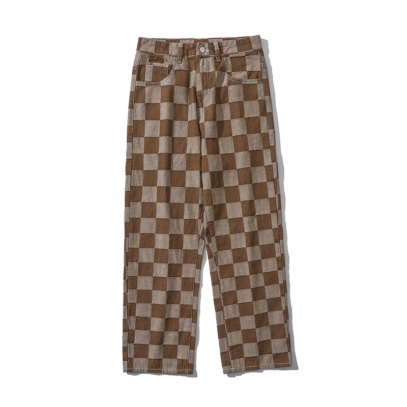 Brown Check Print Baggy Jeans