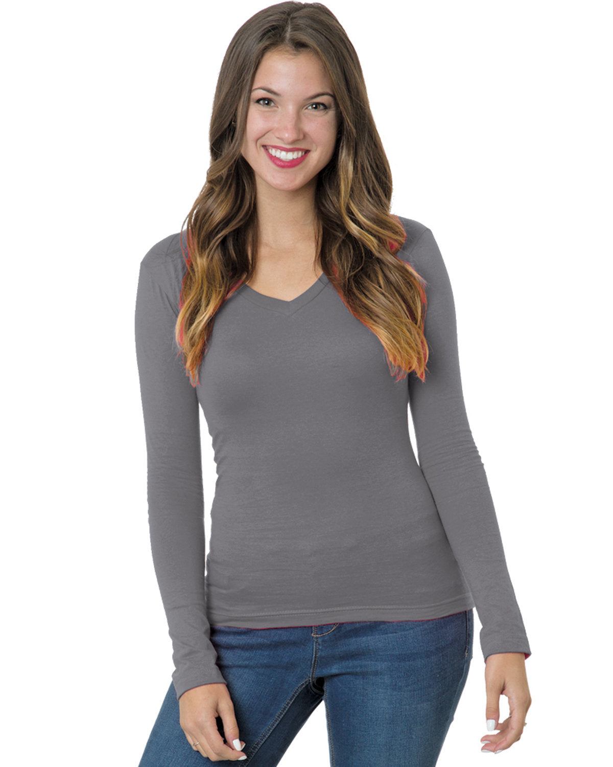 Junior's 4.2 oz., Fine Jersey Long-Sleeve V-Neck T-Shirt