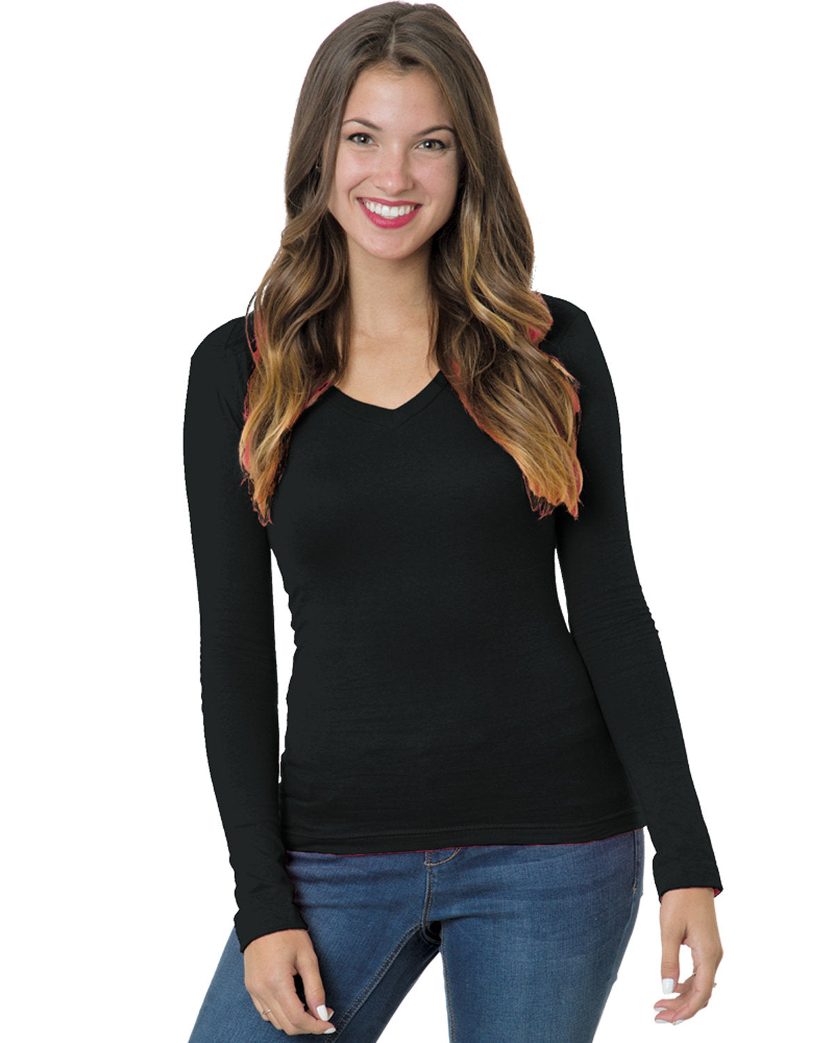 Junior's 4.2 oz., Fine Jersey Long-Sleeve V-Neck T-Shirt