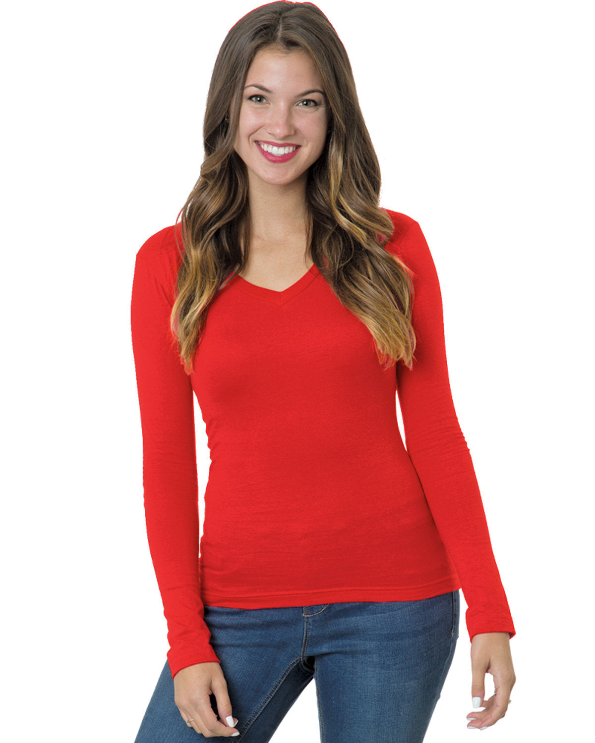 Junior's 4.2 oz., Fine Jersey Long-Sleeve V-Neck T-Shirt