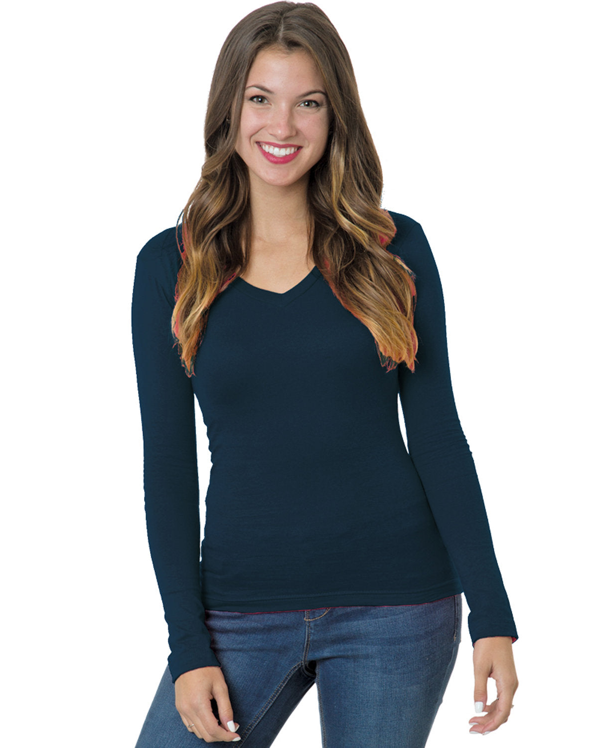 Junior's 4.2 oz., Fine Jersey Long-Sleeve V-Neck T-Shirt