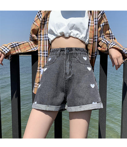 Female With Hearts High Waist Slimming Denim Shorts