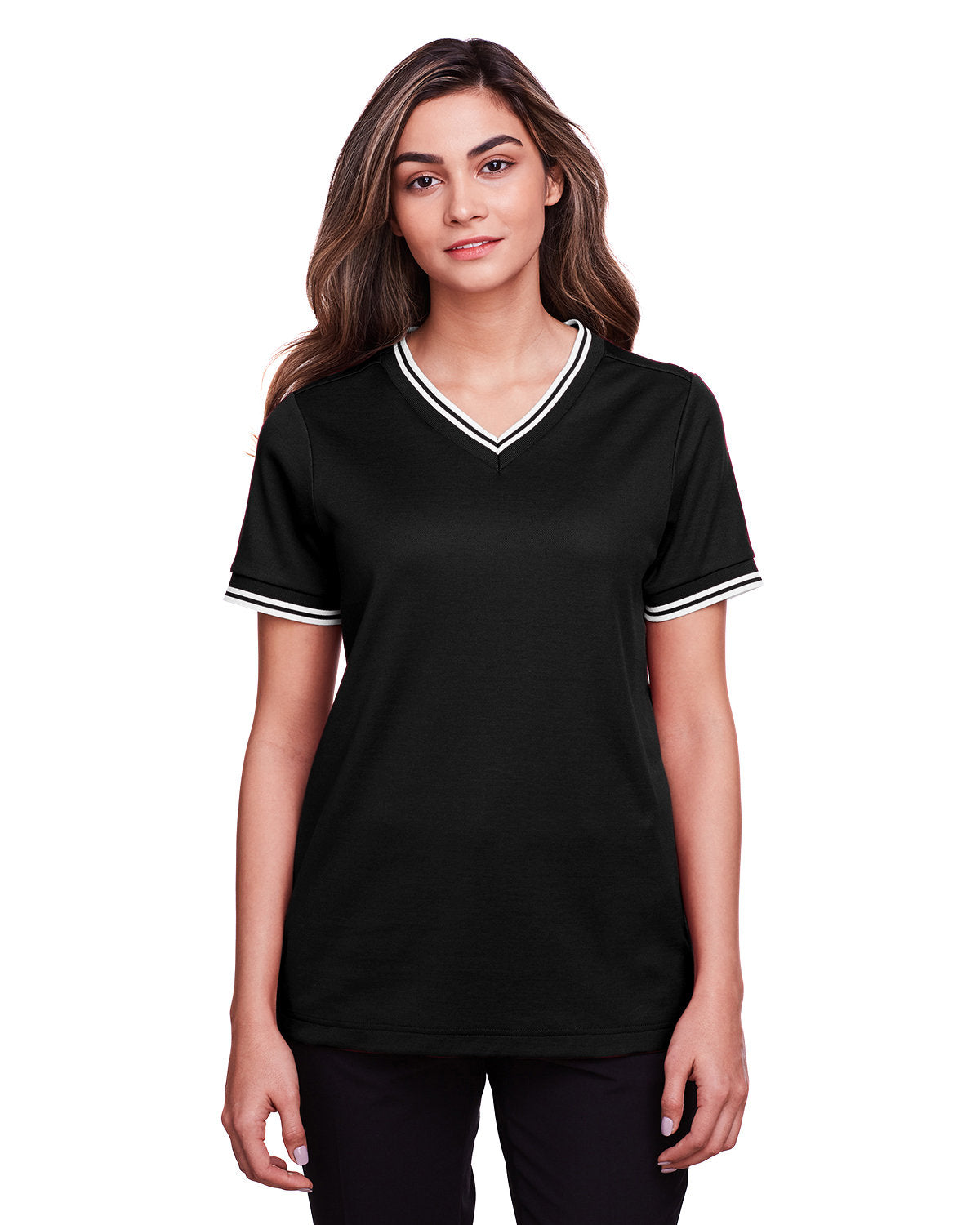 Elevate Your Look with the Devon & Jones Ladies' CrownLux Performanceâ„¢ Plaited Tipped V-Neck Polo