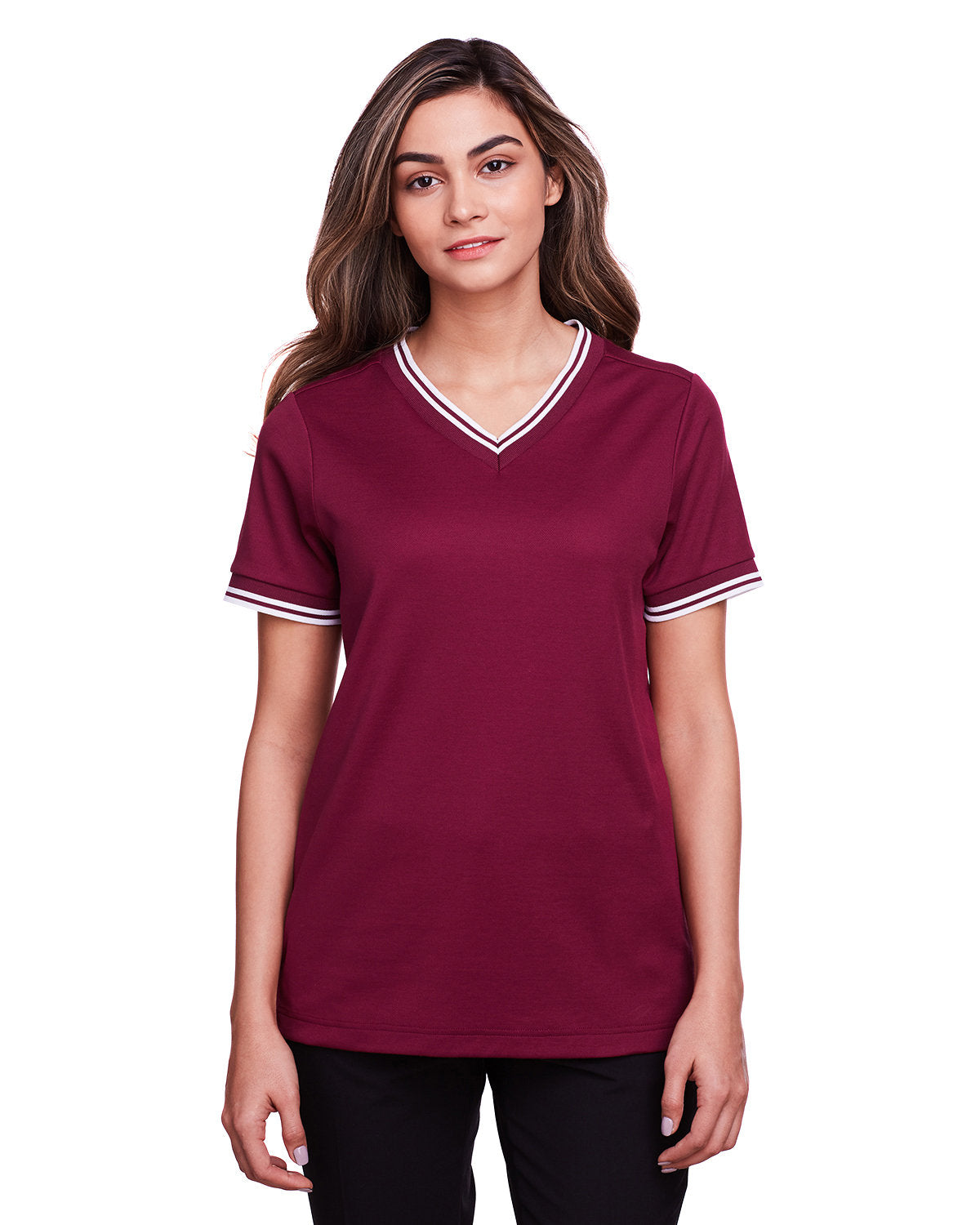 Elevate Your Look with the Devon & Jones Ladies' CrownLux Performanceâ„¢ Plaited Tipped V-Neck Polo