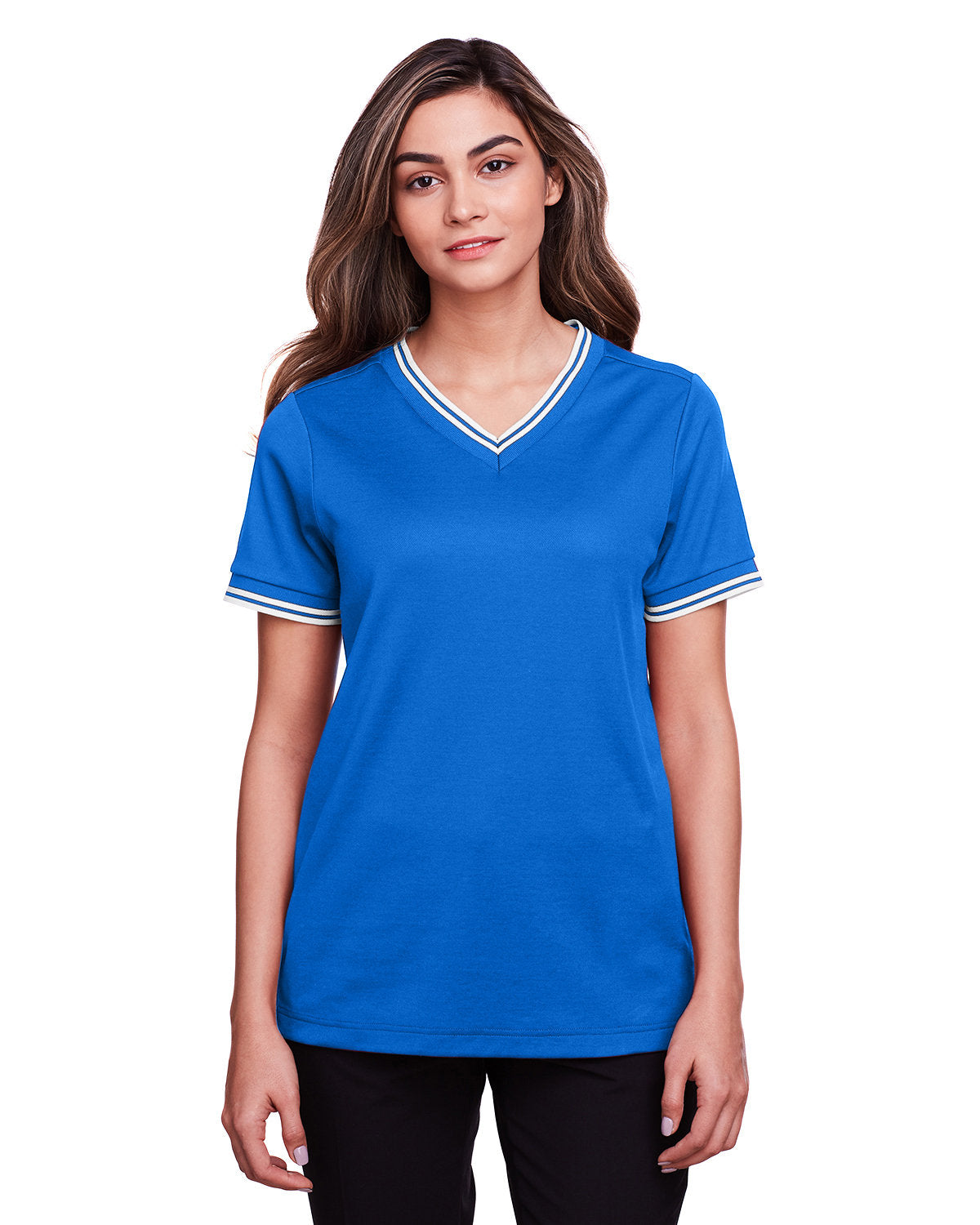 Elevate Your Look with the Devon & Jones Ladies' CrownLux Performanceâ„¢ Plaited Tipped V-Neck Polo