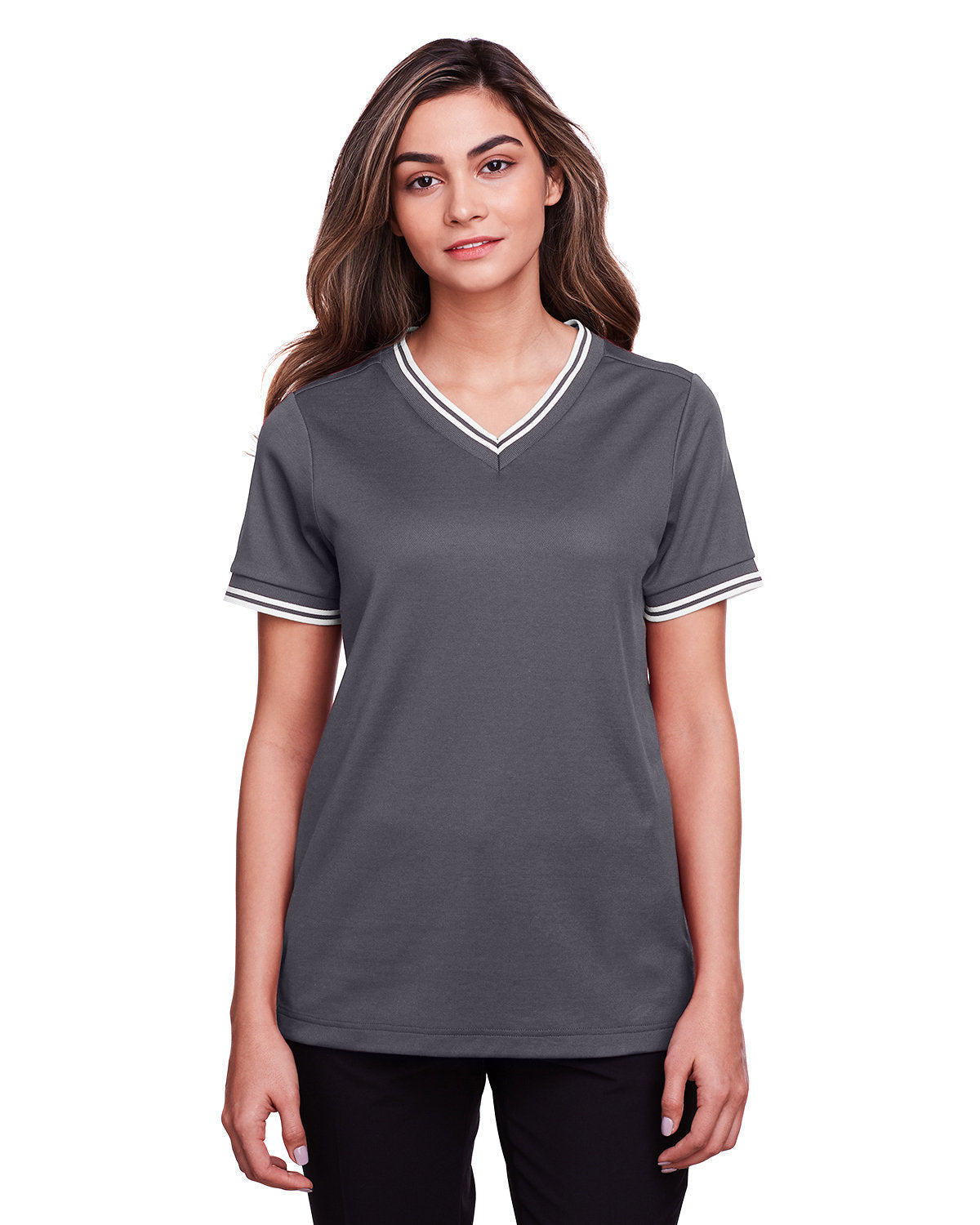 Elevate Your Look with the Devon & Jones Ladies' CrownLux Performanceâ„¢ Plaited Tipped V-Neck Polo