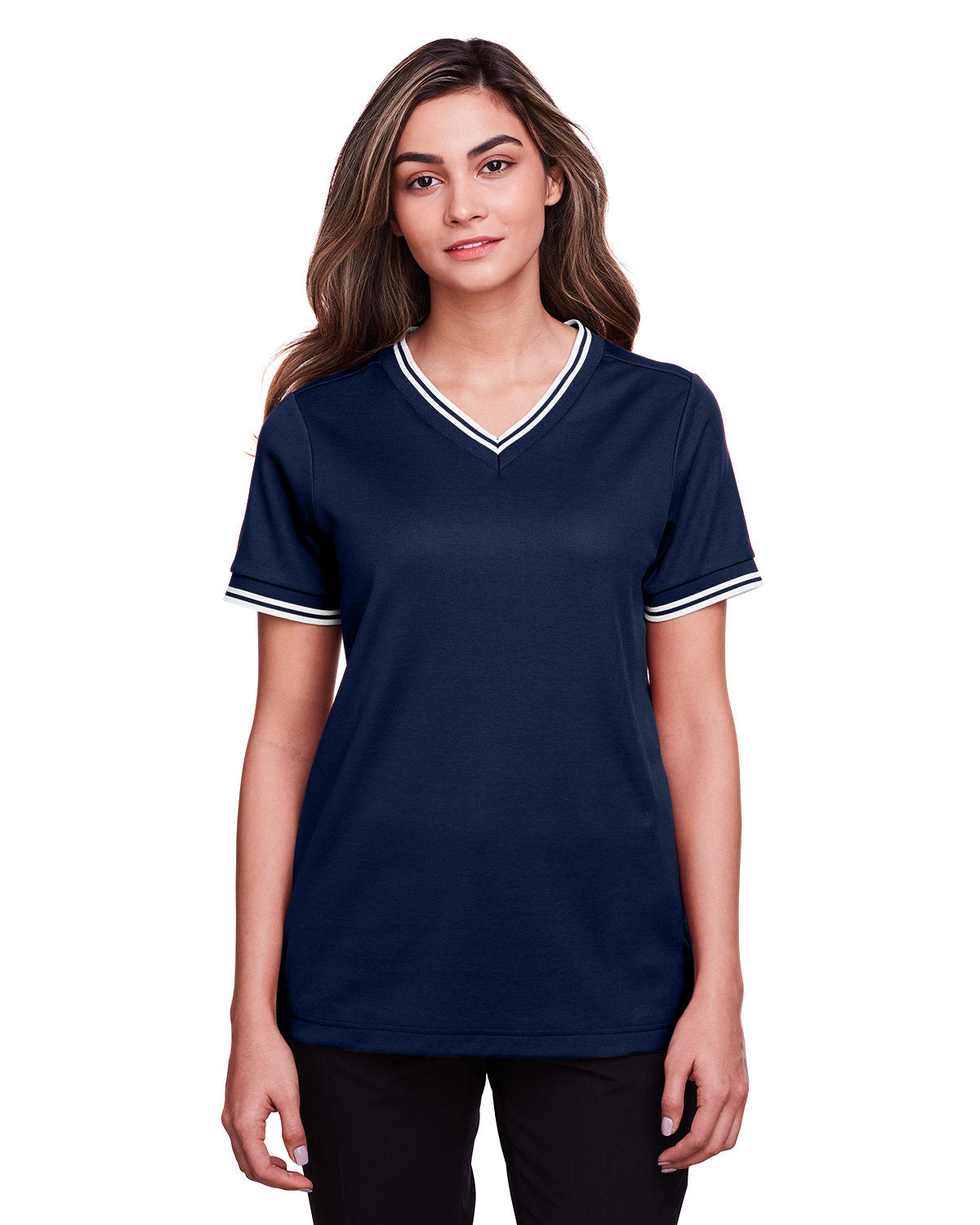 Elevate Your Look with the Devon & Jones Ladies' CrownLux Performanceâ„¢ Plaited Tipped V-Neck Polo