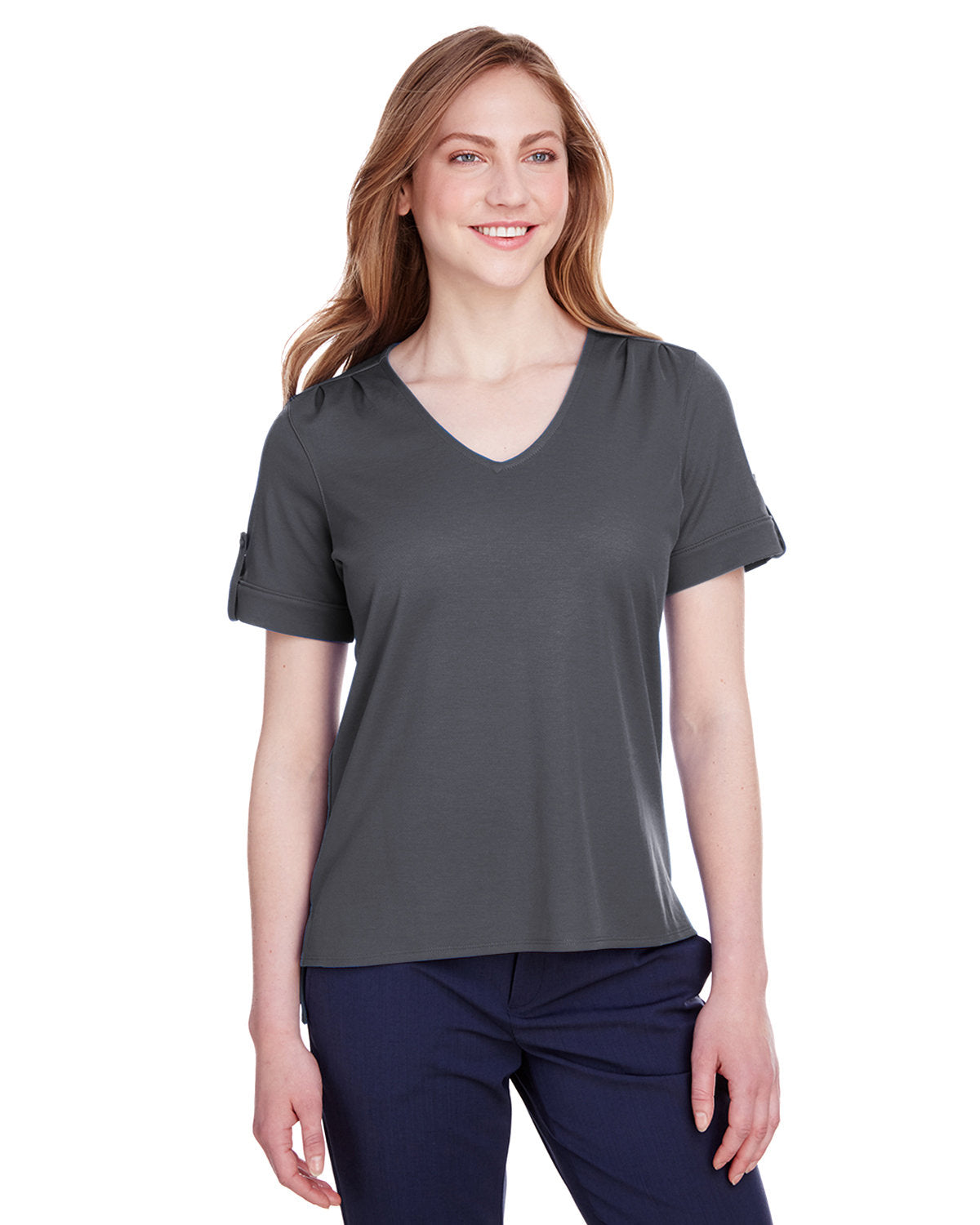 Elevate Your Look with the Devon & Jones Ladies' CrownLux Performanceâ„¢ Plaited Rolled-Sleeve Top