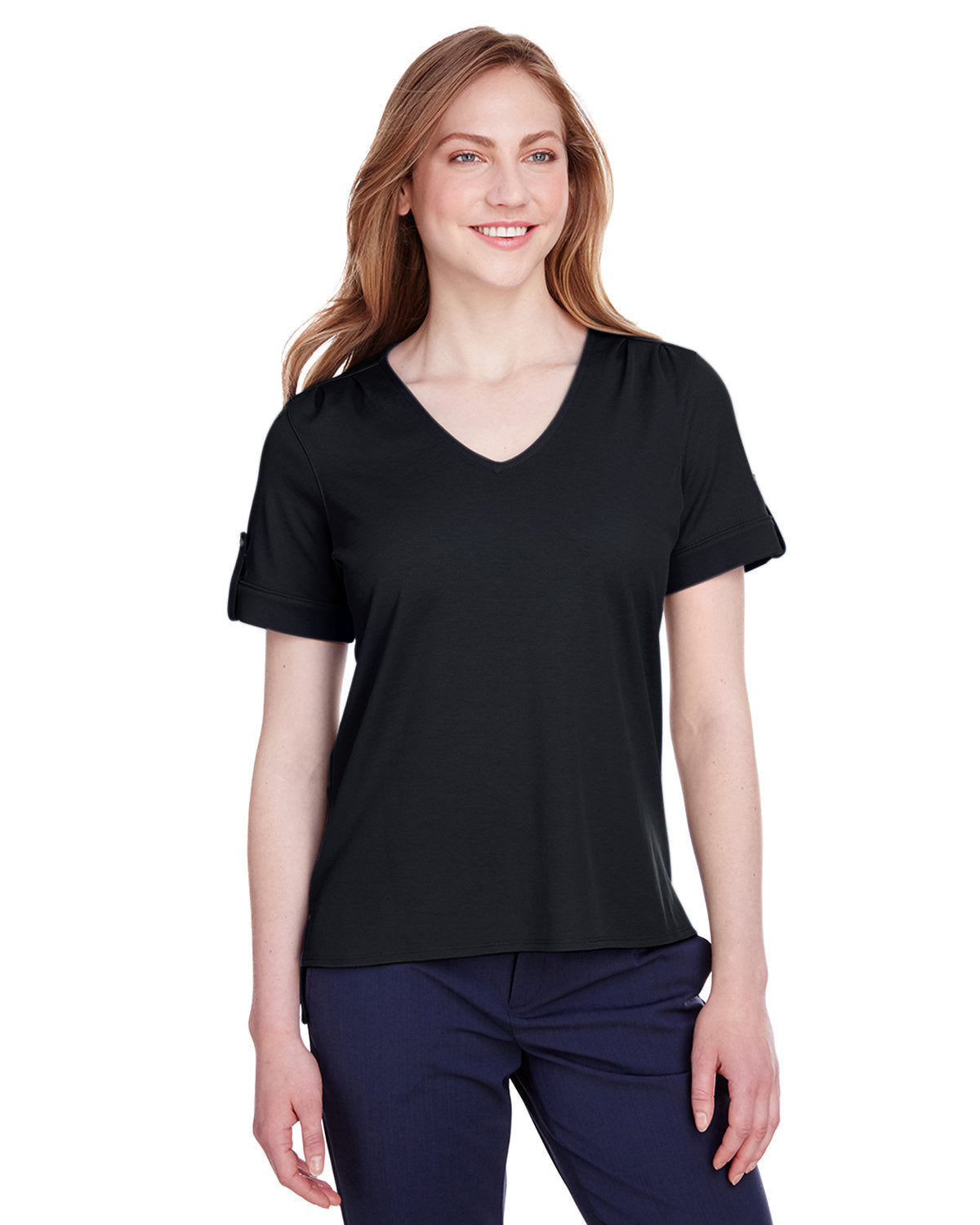Elevate Your Look with the Devon & Jones Ladies' CrownLux Performanceâ„¢ Plaited Rolled-Sleeve Top