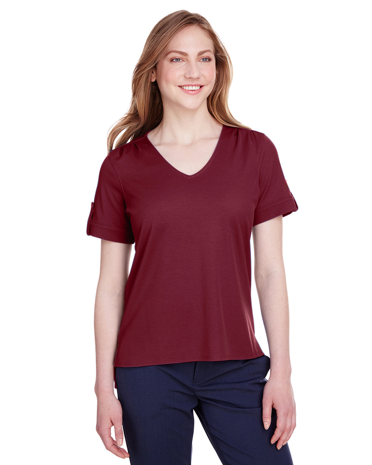 Elevate Your Look with the Devon & Jones Ladies' CrownLux Performanceâ„¢ Plaited Rolled-Sleeve Top