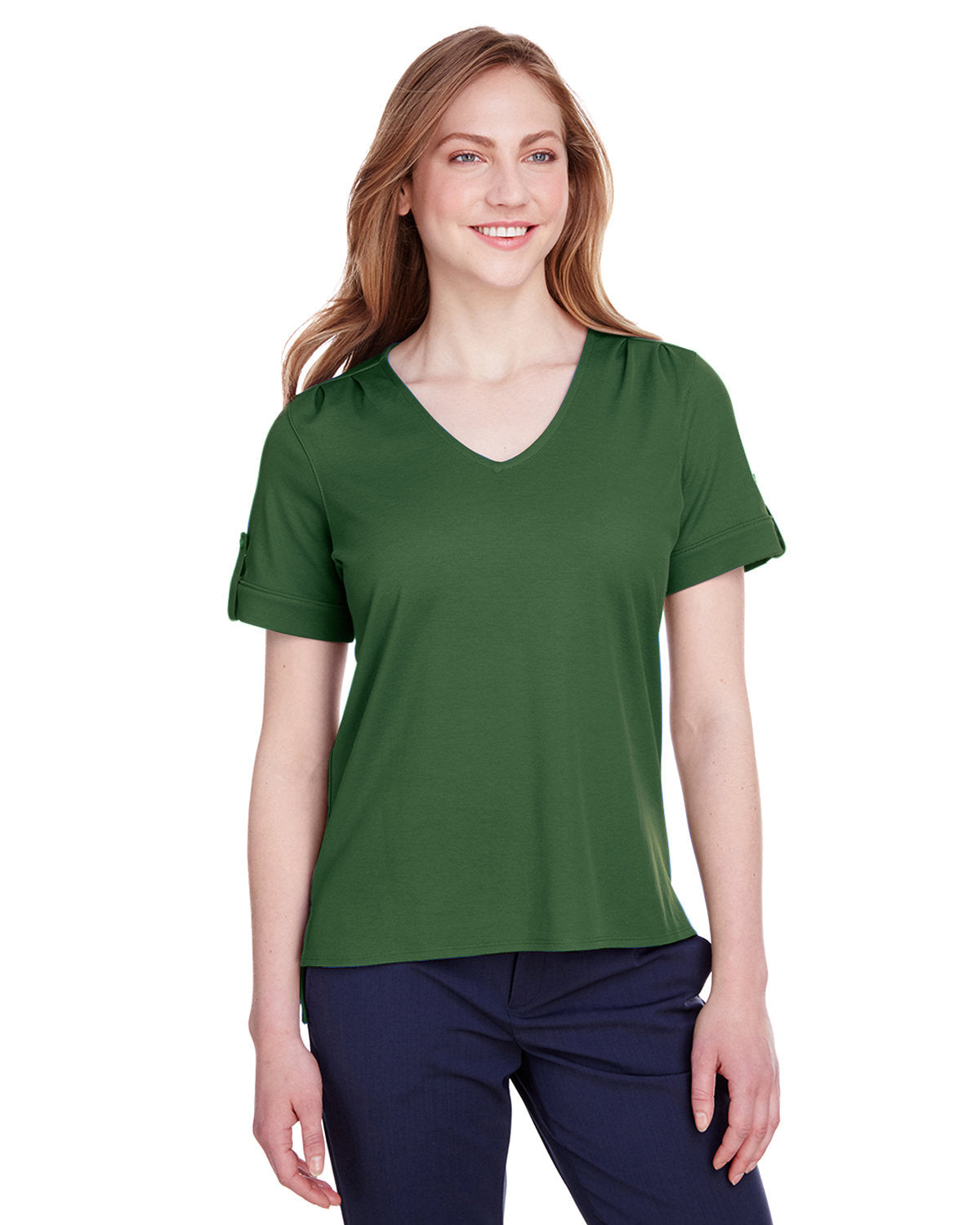 Elevate Your Look with the Devon & Jones Ladies' CrownLux Performanceâ„¢ Plaited Rolled-Sleeve Top