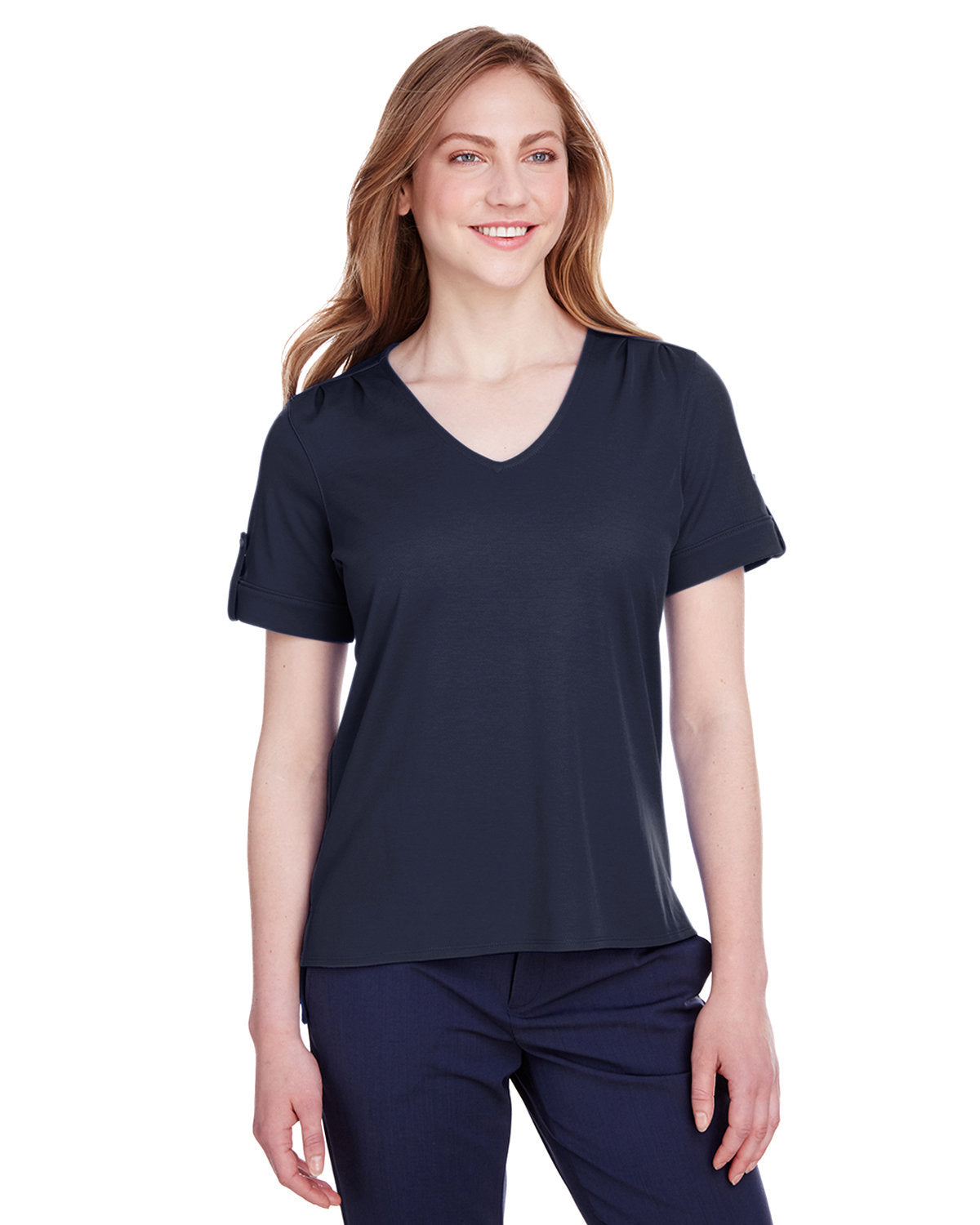 Elevate Your Look with the Devon & Jones Ladies' CrownLux Performanceâ„¢ Plaited Rolled-Sleeve Top