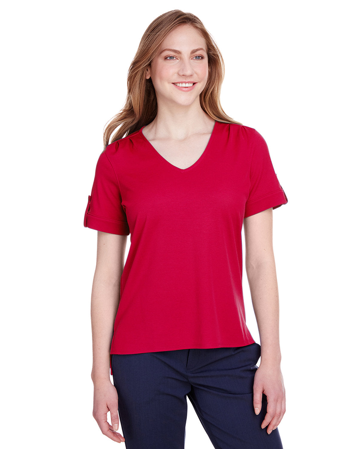 Elevate Your Look with the Devon & Jones Ladies' CrownLux Performanceâ„¢ Plaited Rolled-Sleeve Top