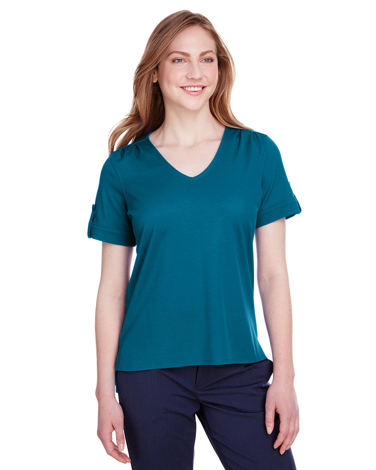 Elevate Your Look with the Devon & Jones Ladies' CrownLux Performanceâ„¢ Plaited Rolled-Sleeve Top