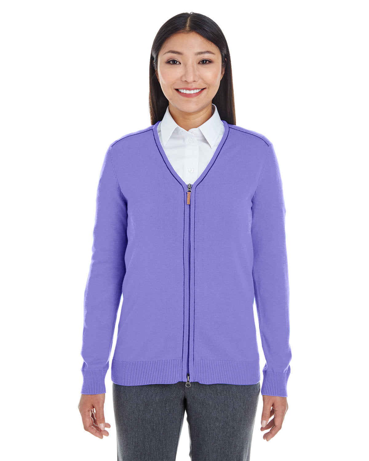 Elevate Your Look with the Devon & Jones Ladies' Manchester Fully-Fashioned Full-Zip Cardigan Sweater