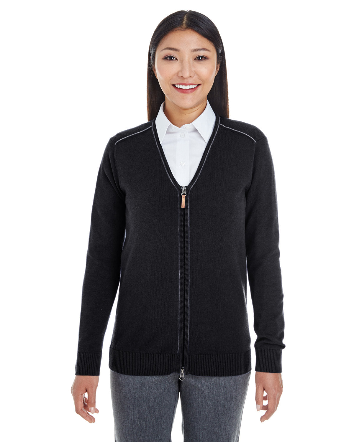 Elevate Your Look with the Devon & Jones Ladies' Manchester Fully-Fashioned Full-Zip Cardigan Sweater