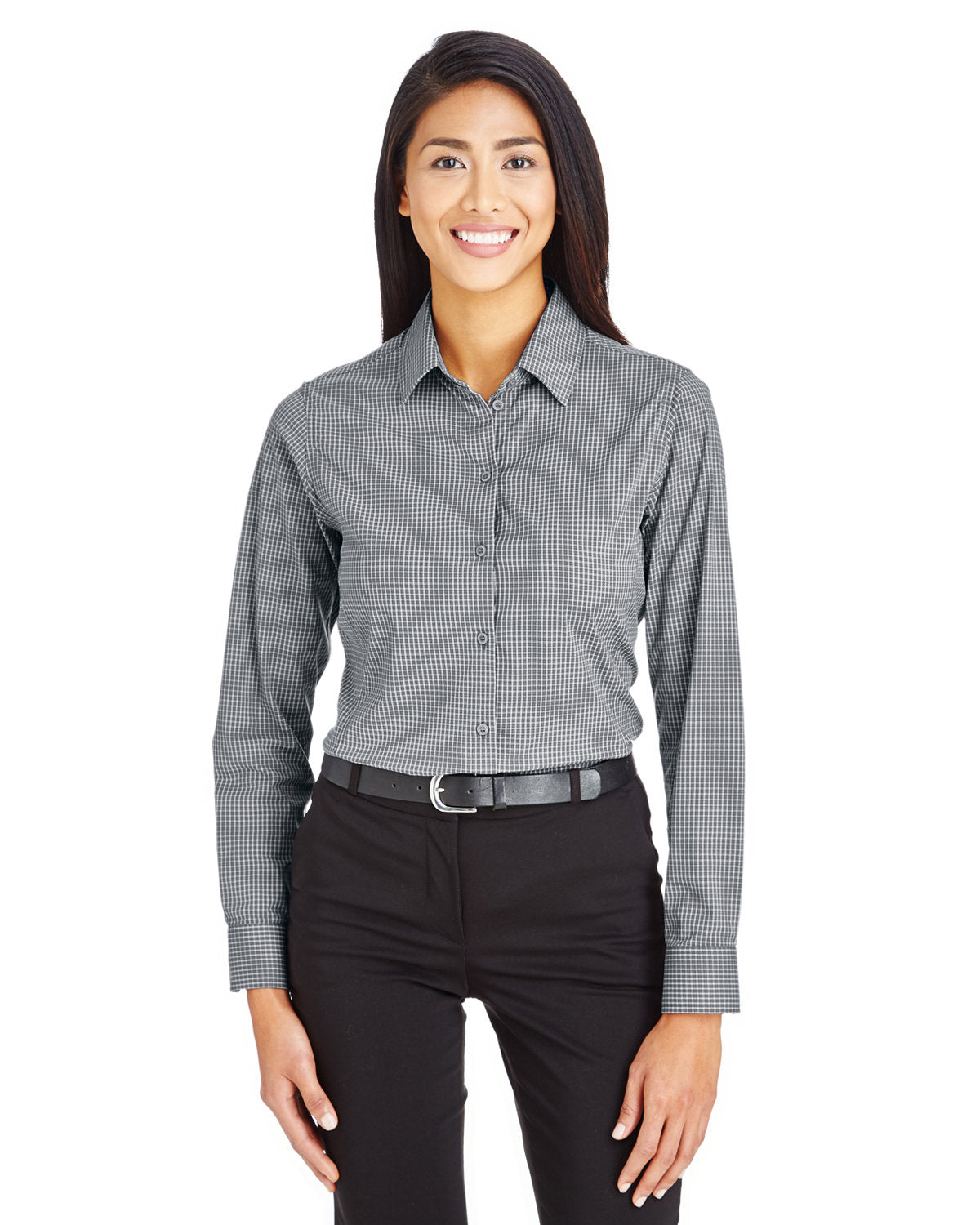 Elevate Your Elegance with the Devon & Jones CrownLux Performanceâ„¢ Ladies' Tonal Mini Check Shirt