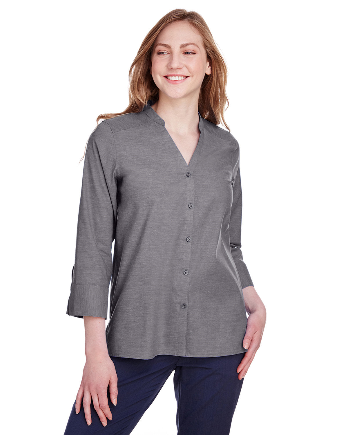 Effortless Chic: Devon & Jones Ladies' Crown CollectionÂ® Stretch Pinpoint Chambray 3/4 Sleeve Blouse