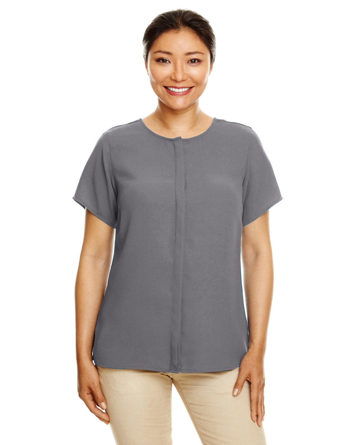 Elegant Short-Sleeve Crepe Blouse: Discover the Perfect Fitâ„¢ by Devon & Jones for Women