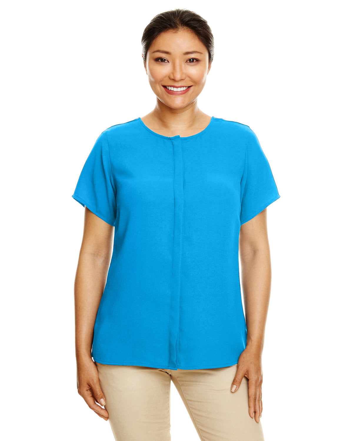 Elegant Short-Sleeve Crepe Blouse: Discover the Perfect Fitâ„¢ by Devon & Jones for Women