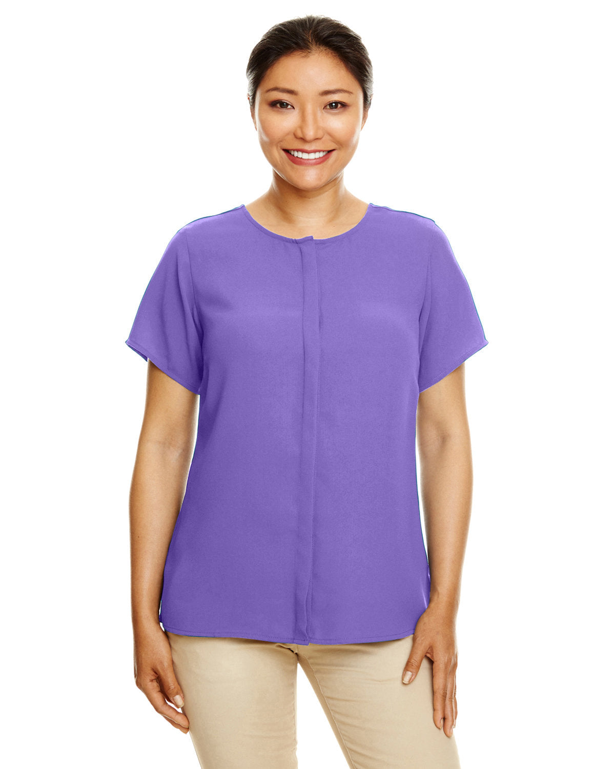 Elegant Short-Sleeve Crepe Blouse: Discover the Perfect Fitâ„¢ by Devon & Jones for Women