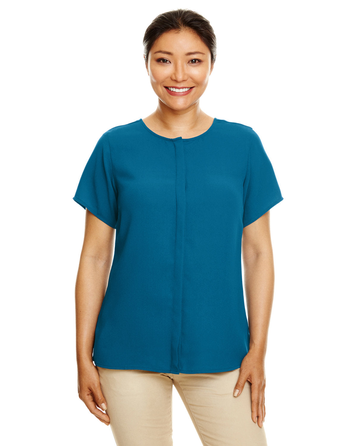 Elegant Short-Sleeve Crepe Blouse: Discover the Perfect Fitâ„¢ by Devon & Jones for Women
