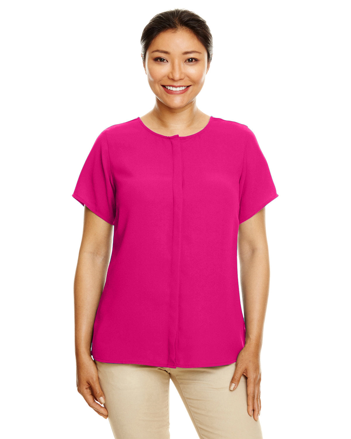 Elegant Short-Sleeve Crepe Blouse: Discover the Perfect Fitâ„¢ by Devon & Jones for Women