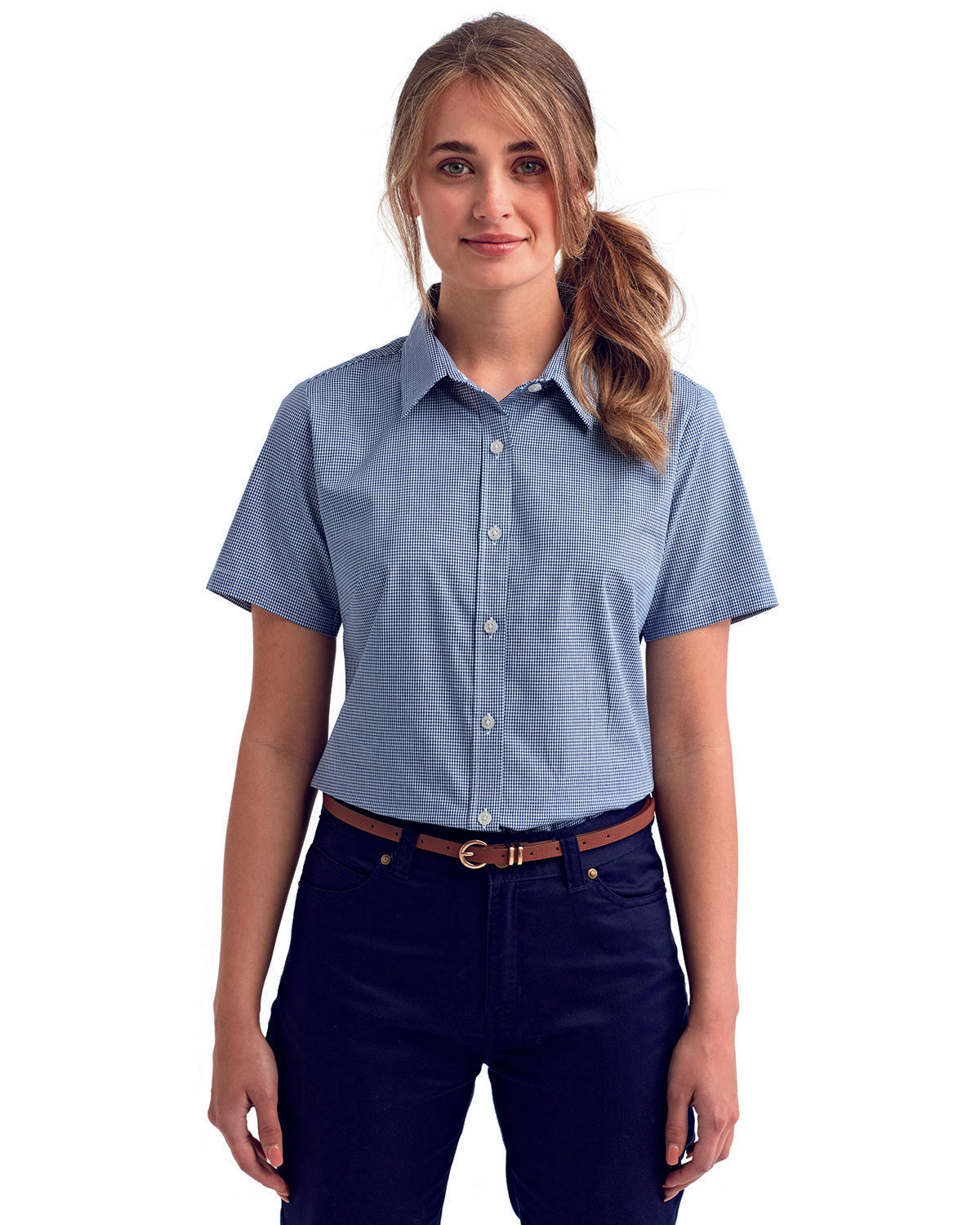 Artisan Allure: The Ladies' Microcheck Gingham Short-Sleeve Cotton Shirt from the Artisan Collection by Reprime